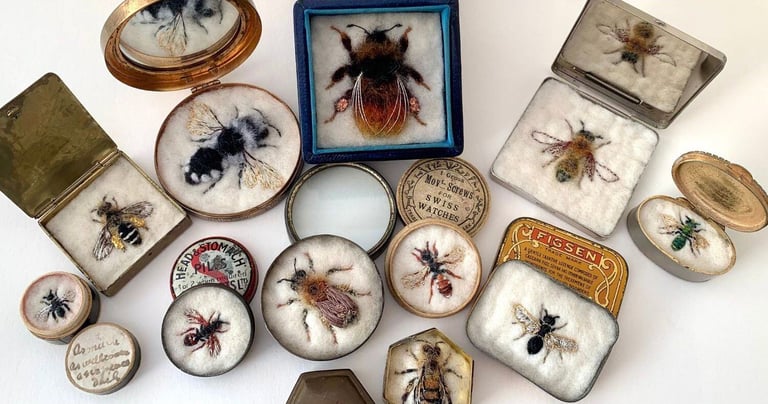 Artist Lydia Needle's fibre bee creations in vintage containers - FIFTY BEES PROJECT