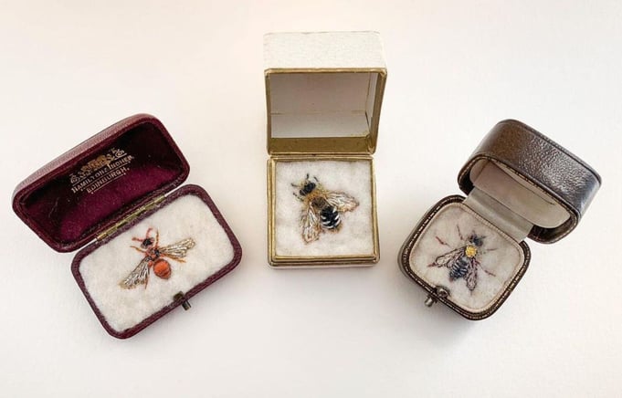 Lydia Needle artist - Fibre Bees in vintage containers